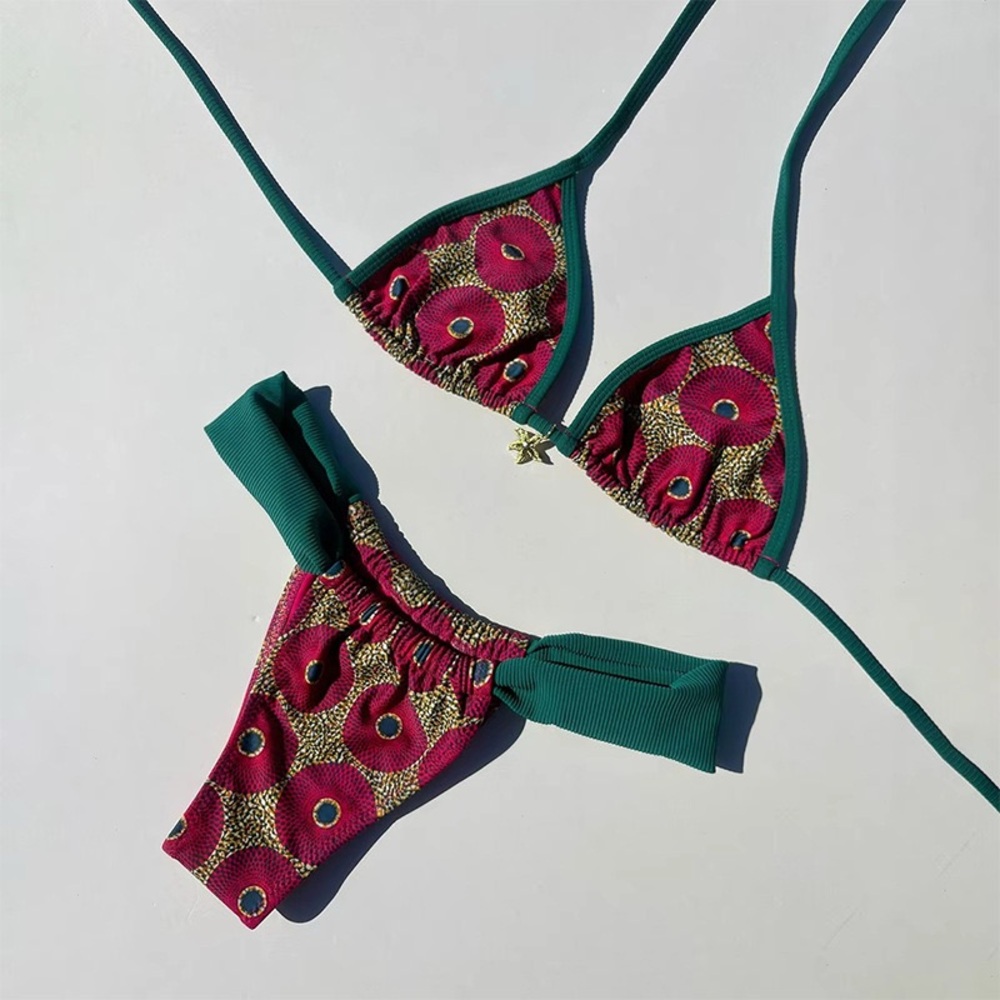 Women’s Green & Magenta Patterned Triangle Bikini